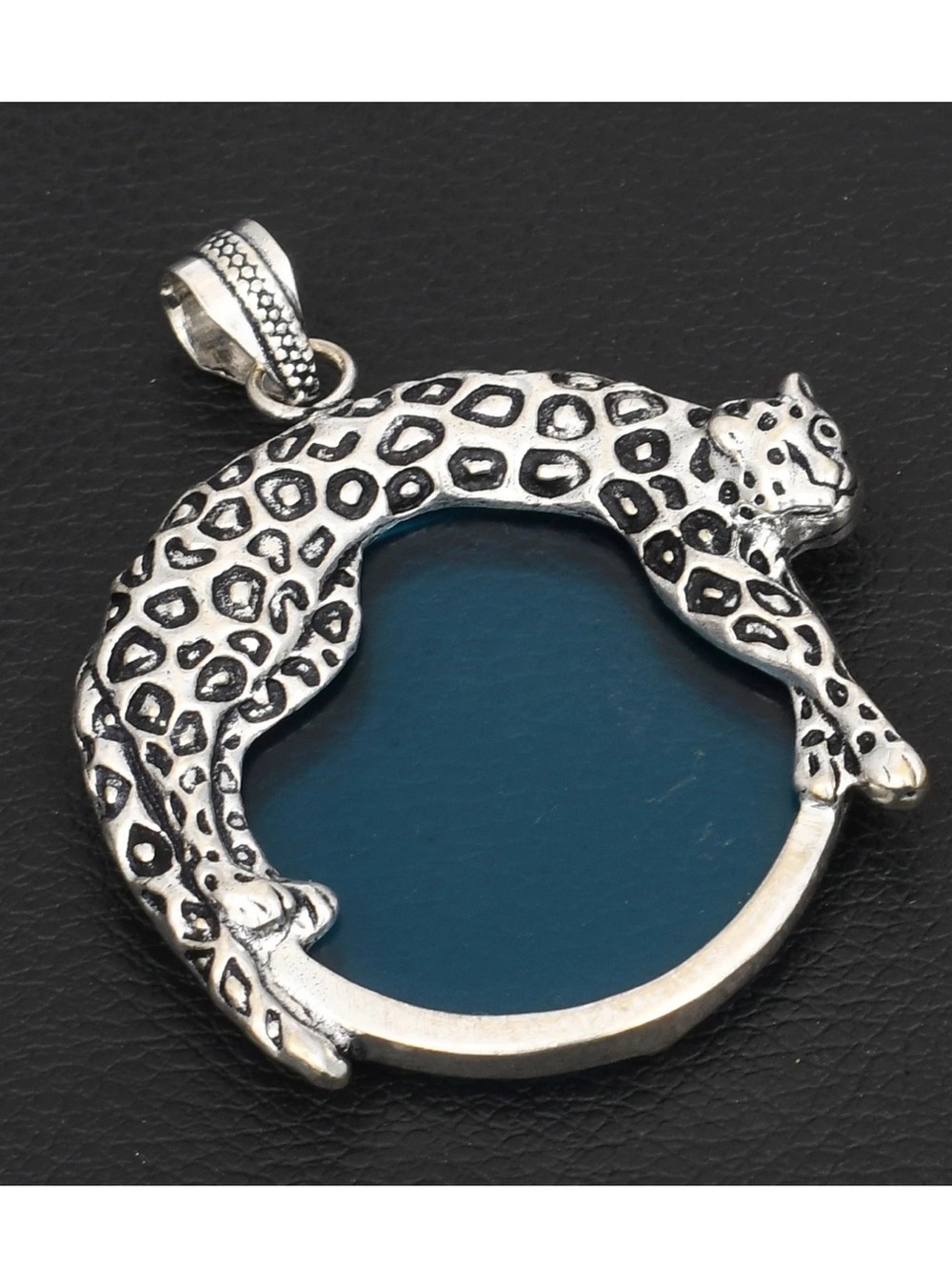 New! 925 Sterling Silver Overlay Leopard Pendant with Blue Glass Centerpiece